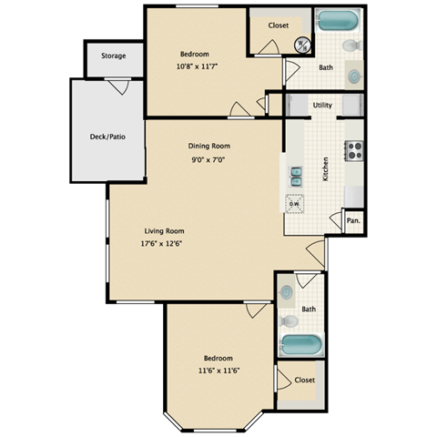 Floor plan for 2 beds, 2 baths, 1012 sqft